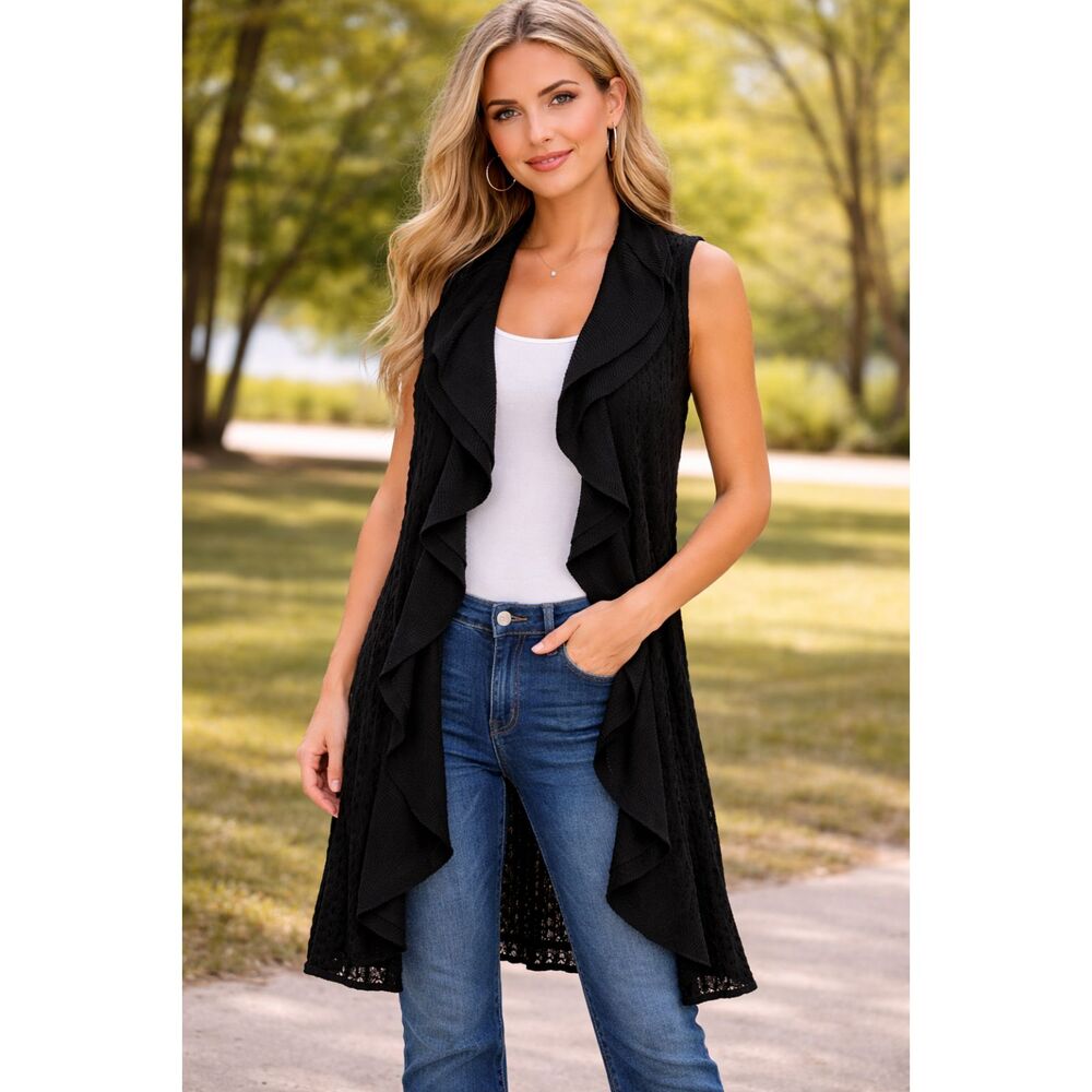 Tracy M Women's Black Sleeveless Long Cardigan Lg. Double Ruffle Lightweight #T